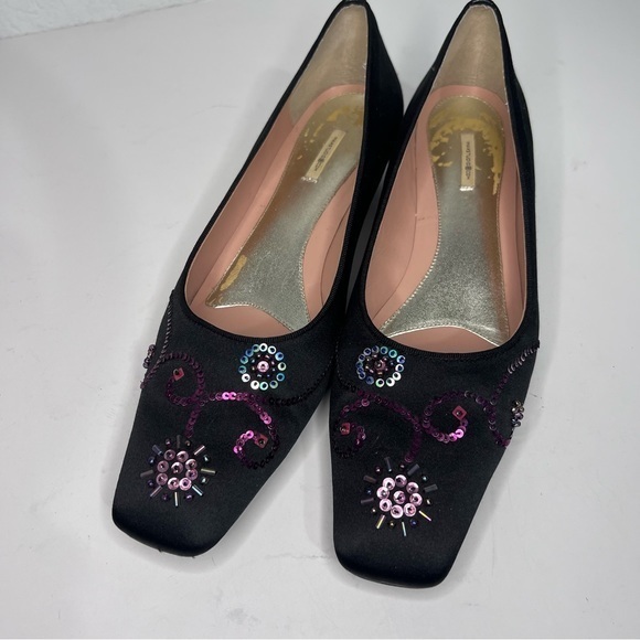 Max Studio Black Satin Square Toe Sequin Accents Kitten Heel Dress Shoe 7 - Picture 1 of 15